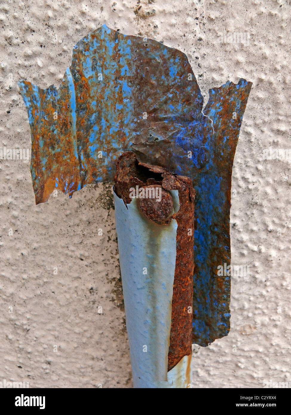 Damaged, Rusted Rain water waste away on parapet wall Stock Photo Alamy