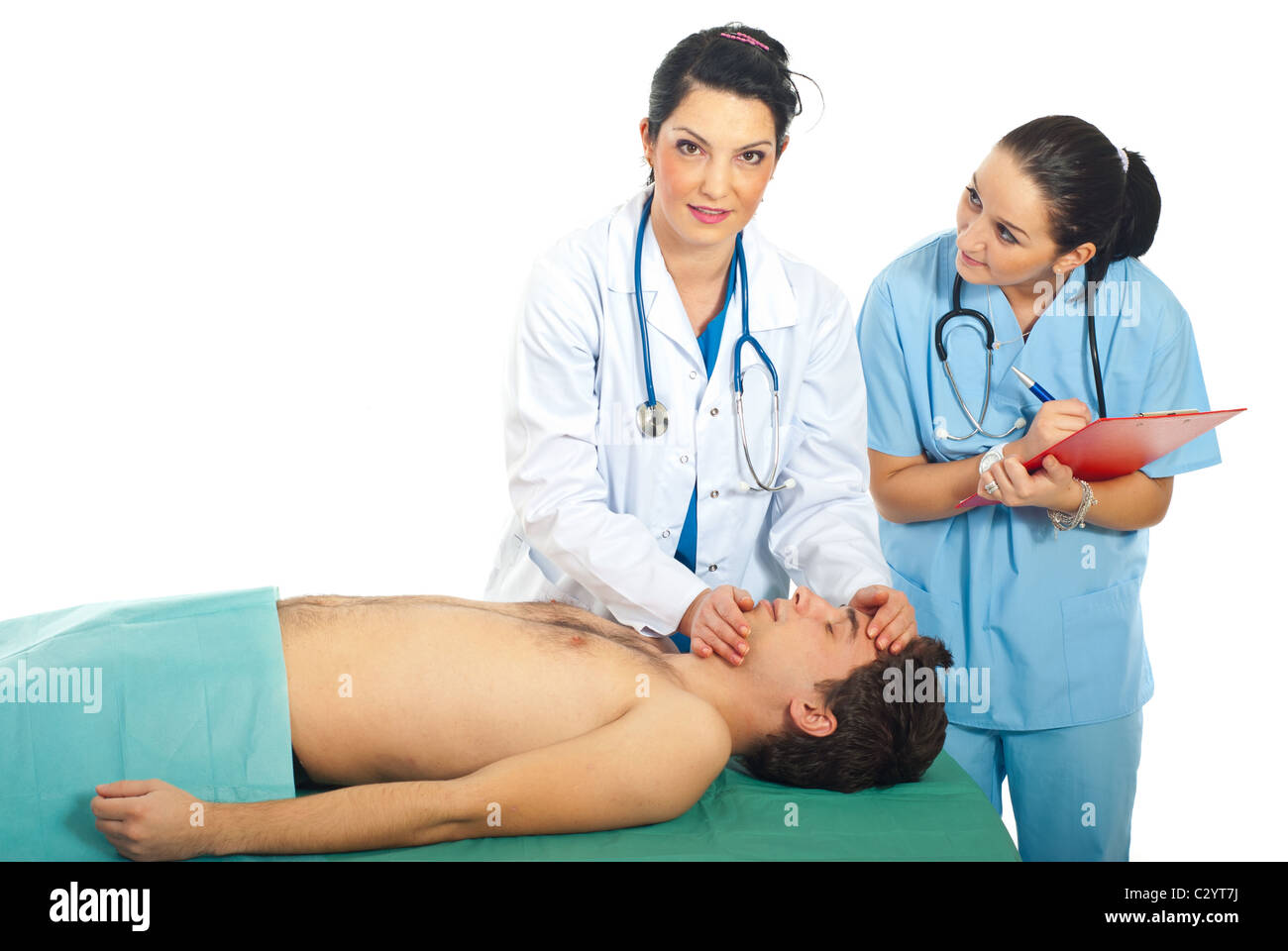 Teacher doctor prepare for resuscitation lesson on male patient and her ...