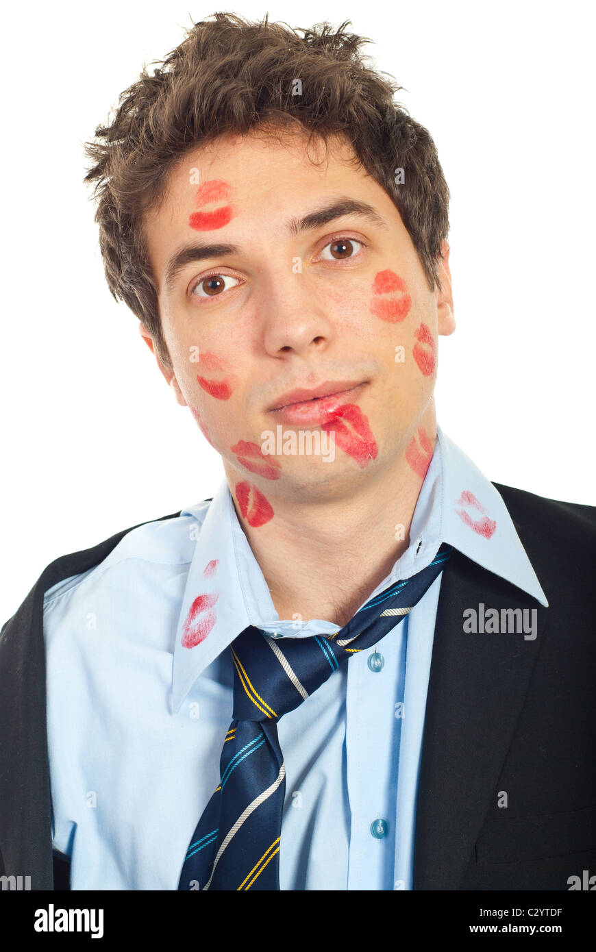 Close up of amazed kissed man face in business suit isolated on white background Stock Photo