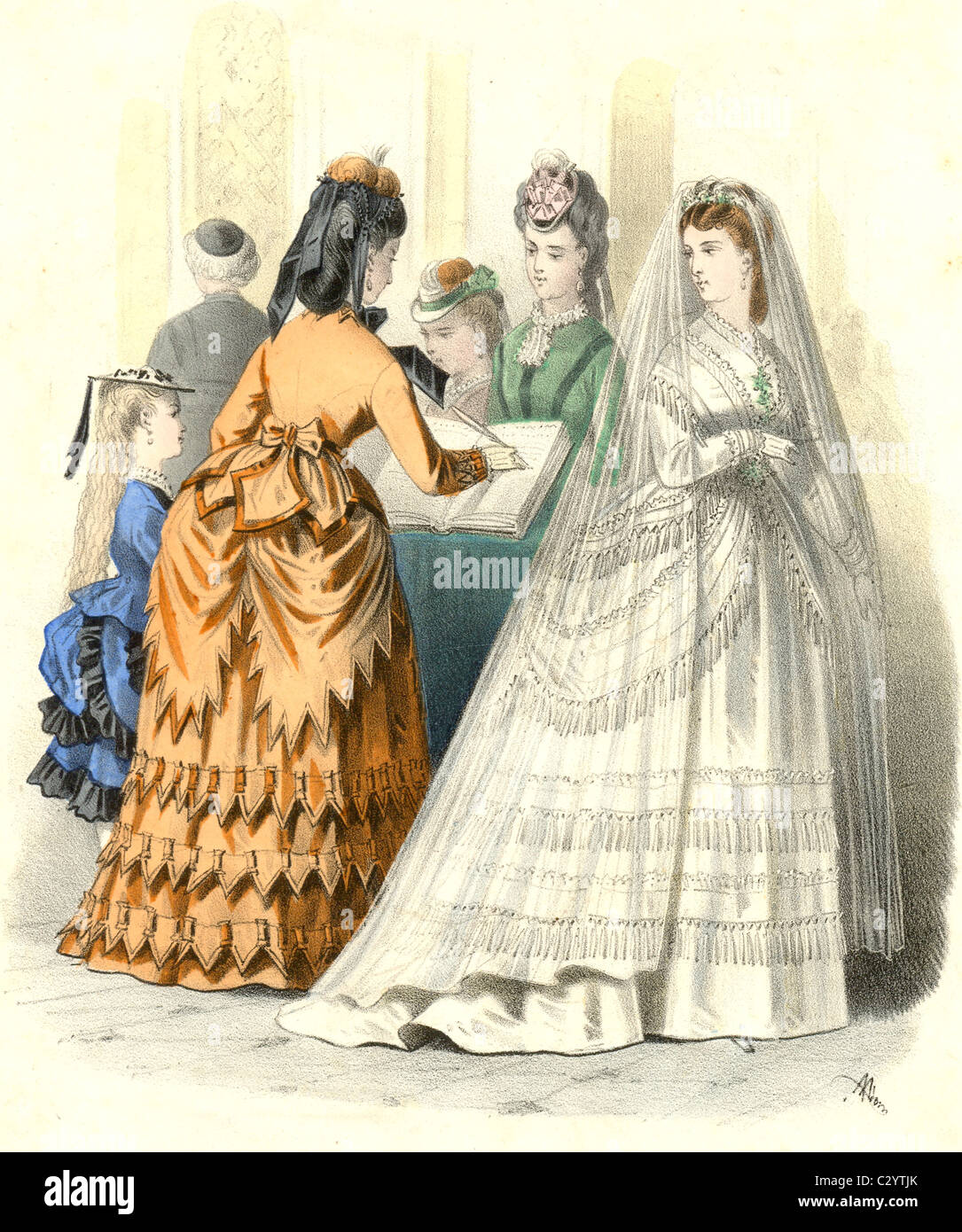 French fashion plate signing the wedding register Stock Photo