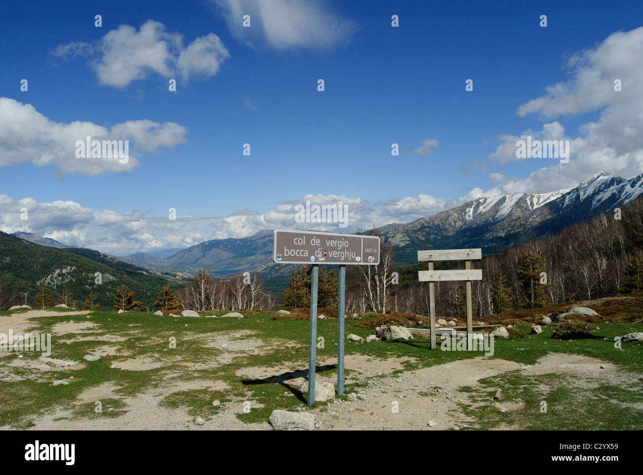 Signs on the summit of Col de Vergio, Corsica, France Stock Photo