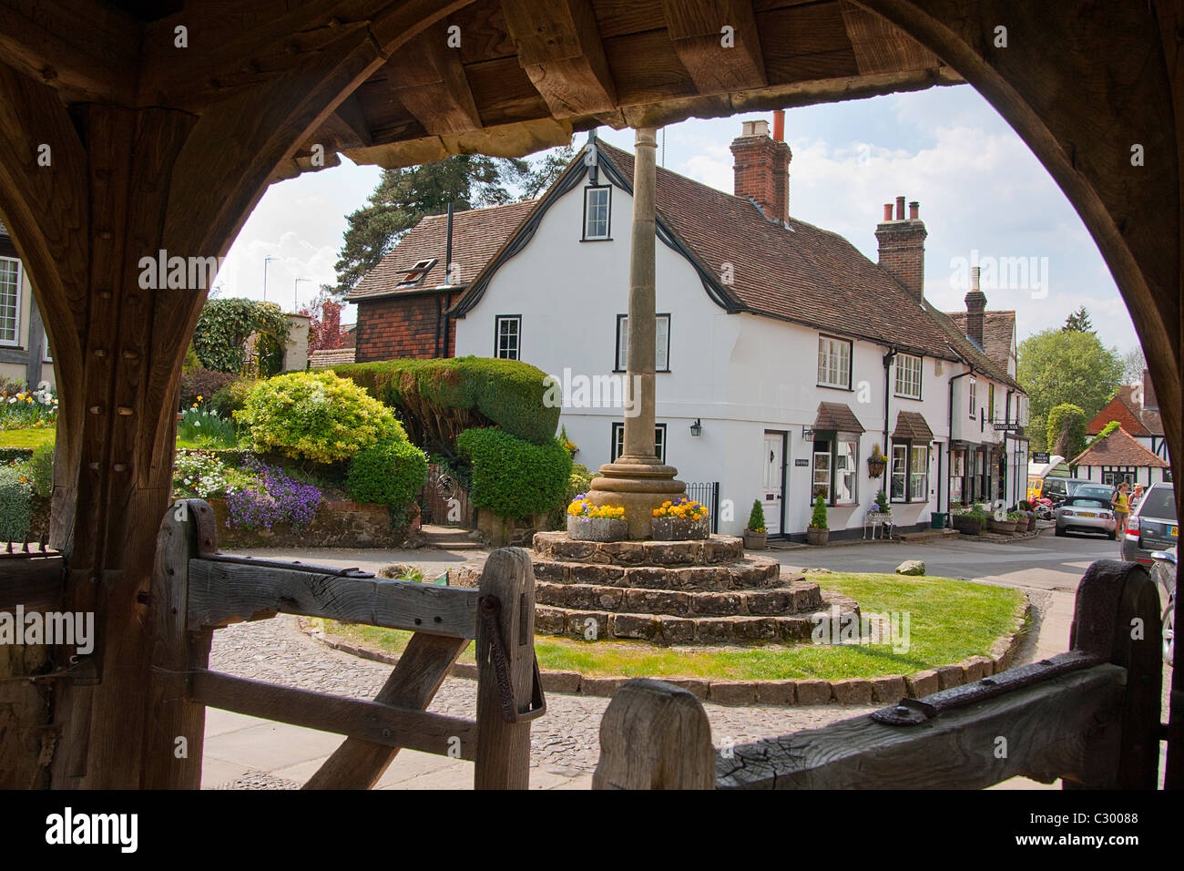 town square viewed from churchyard, Shere, Guildford, Surrey, England Stock Photo