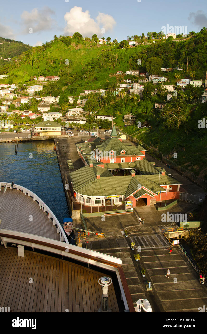 St Vincent Kingstown Cruise Port looking down from Caribbean cruise ship Stock Photo