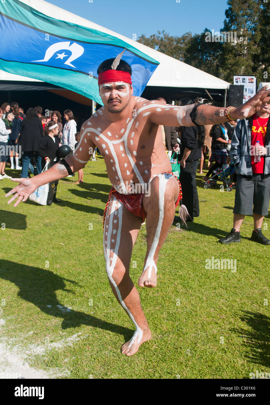 Noongar man dancing in Perth, Australia Stock Photo
