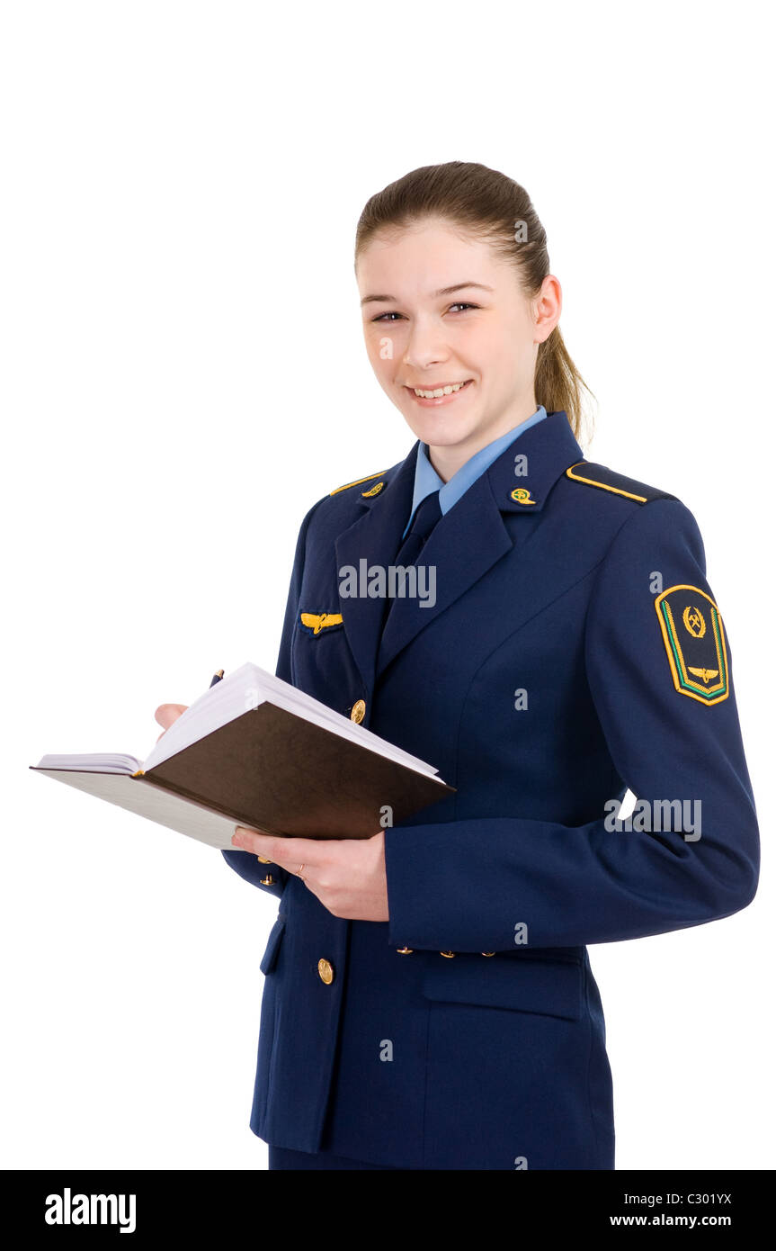 girl in the uniform of the railway with a diary Stock Photo