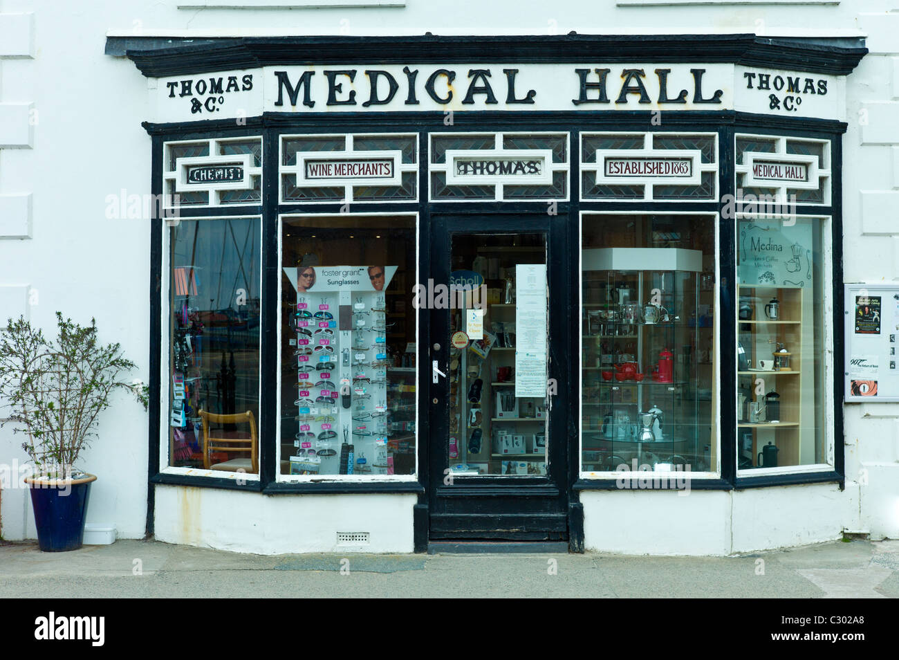 Traditional shop front of pharmacy Medical Hall in Aberdyfi, Aberdovey