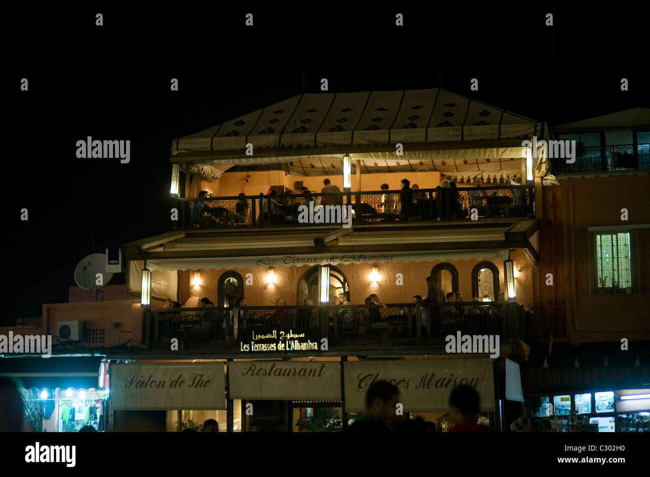 Marrakech, Morocco,15-4-2011. Les Terraces de L'Allhambra restaurant. Night time activity on the Place Djemaa el Fna in the cent Stock Photo