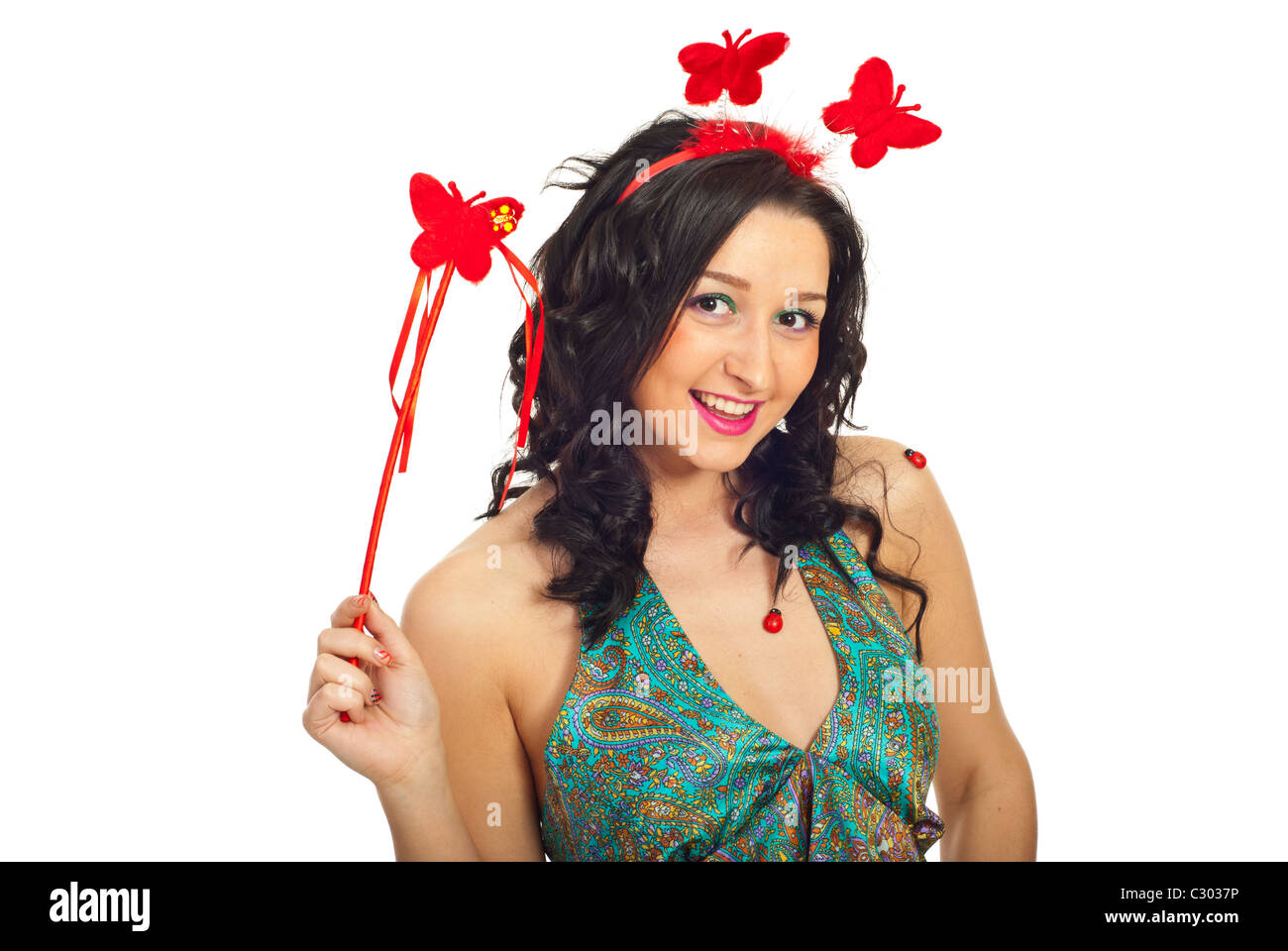 Happy spring woman holding butterfly wand isolated on white background Stock Photo