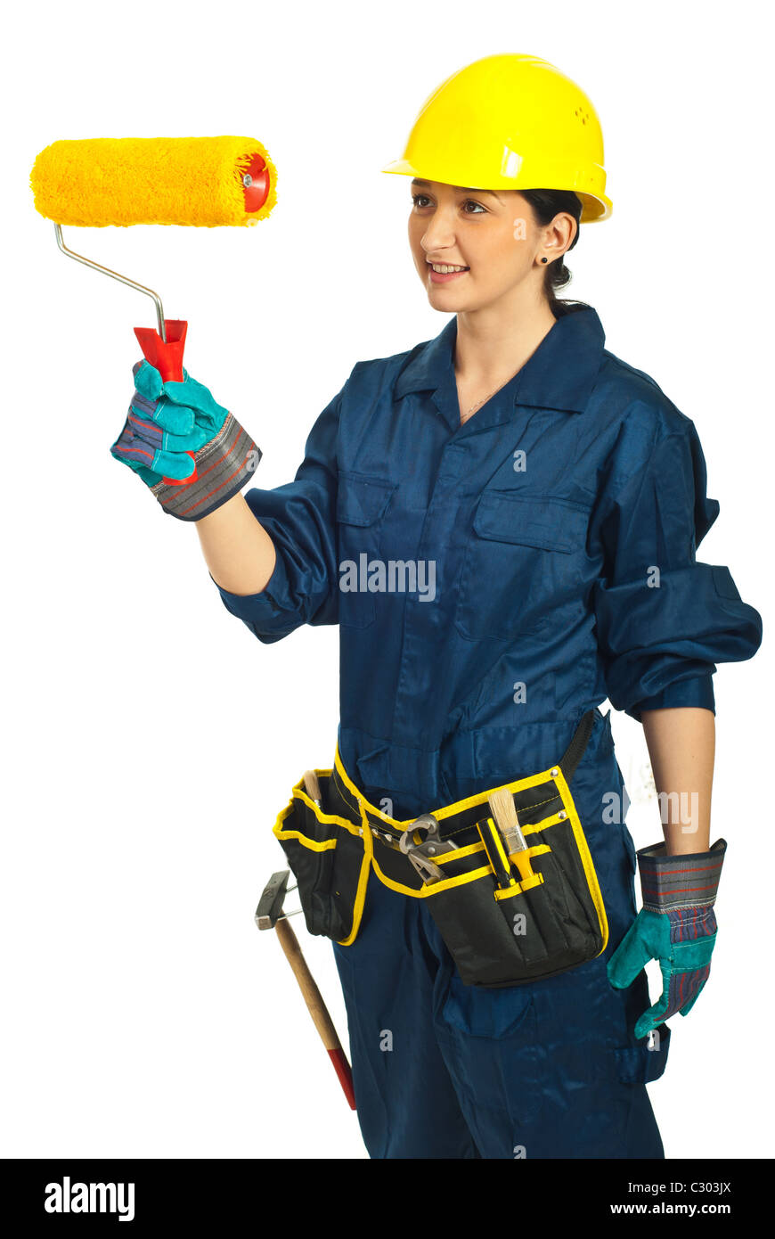 Painter female holding paint roller isolated on white background Stock ...