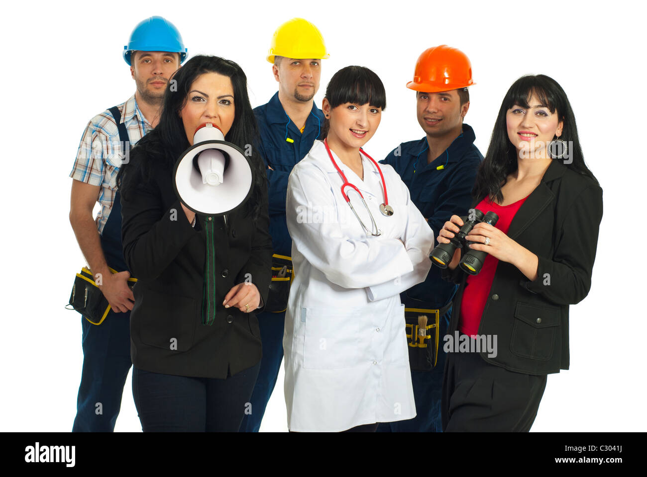 Business woman together with group of people with different careers make an announcement Stock Photo