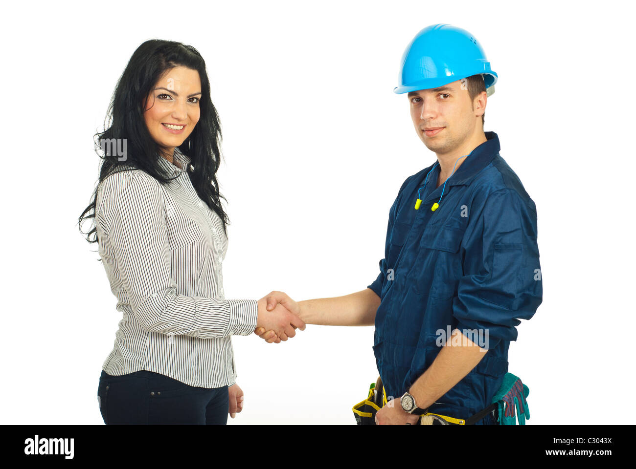 Happy Constructor Worker Man And Client Woman Giving Handshake Isolated