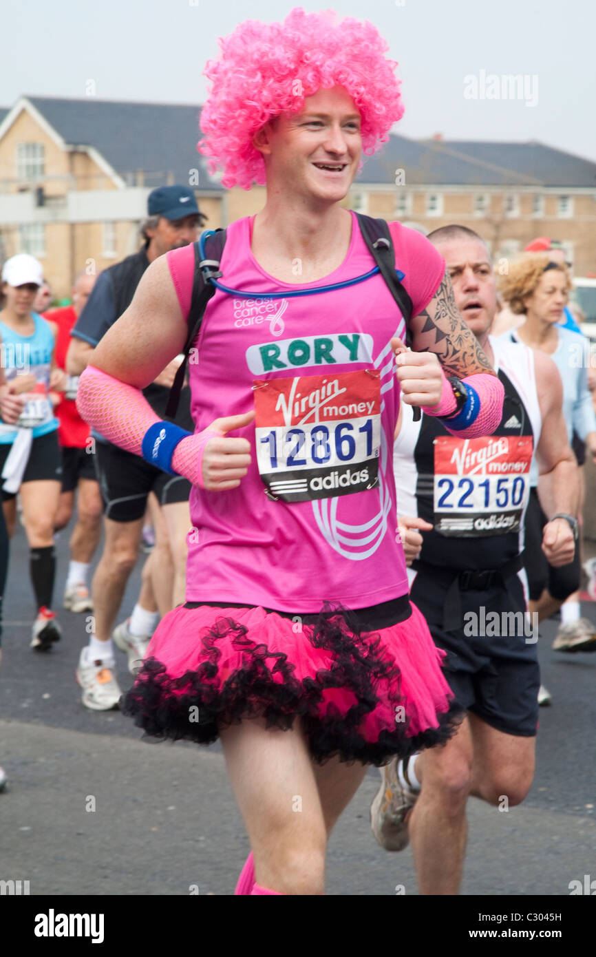 London Marathon 2011 man in a pink wig and pink dress Stock Photo Alamy