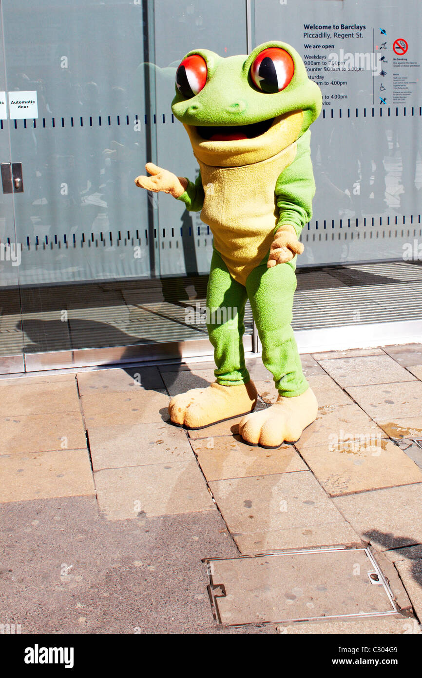 Man in frog costume outside a Barclays Bank branch in Piccadilly Circus