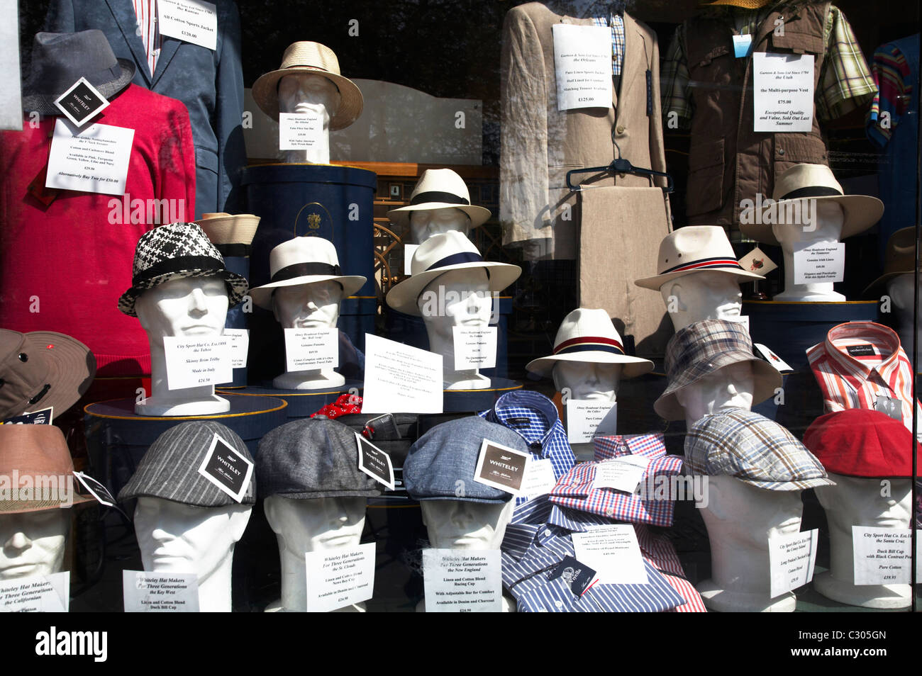 Hat shop window display in Manchester UK Stock Photo