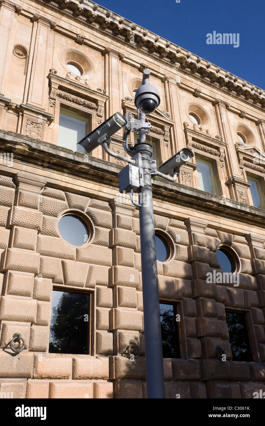 CCTV security cameras mounted outside the Palacio de Carlos V at