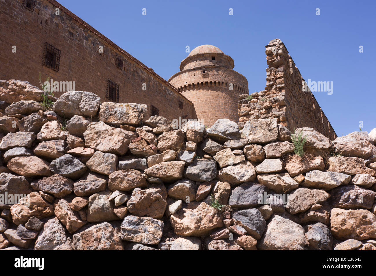 Stones and fortifications of the medieval La Calahorra Castle. Stock Photo