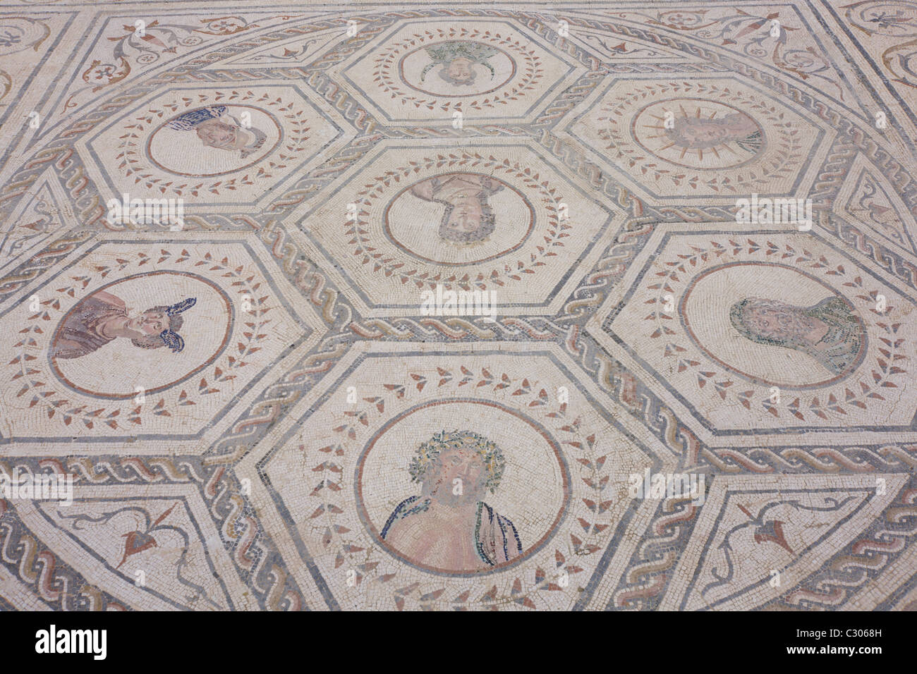 Mosaic representations of Roman celestial bodies in the House of the Planetarium at Italica, near Seville. Stock Photo
