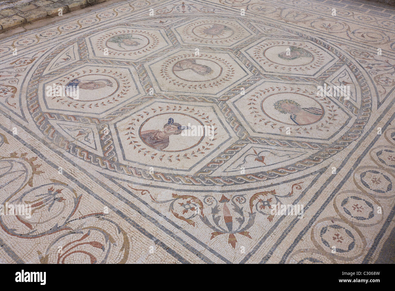 Mosaic representations of Roman celestial bodies in the House of the Planetarium at Italica, Stock Photo