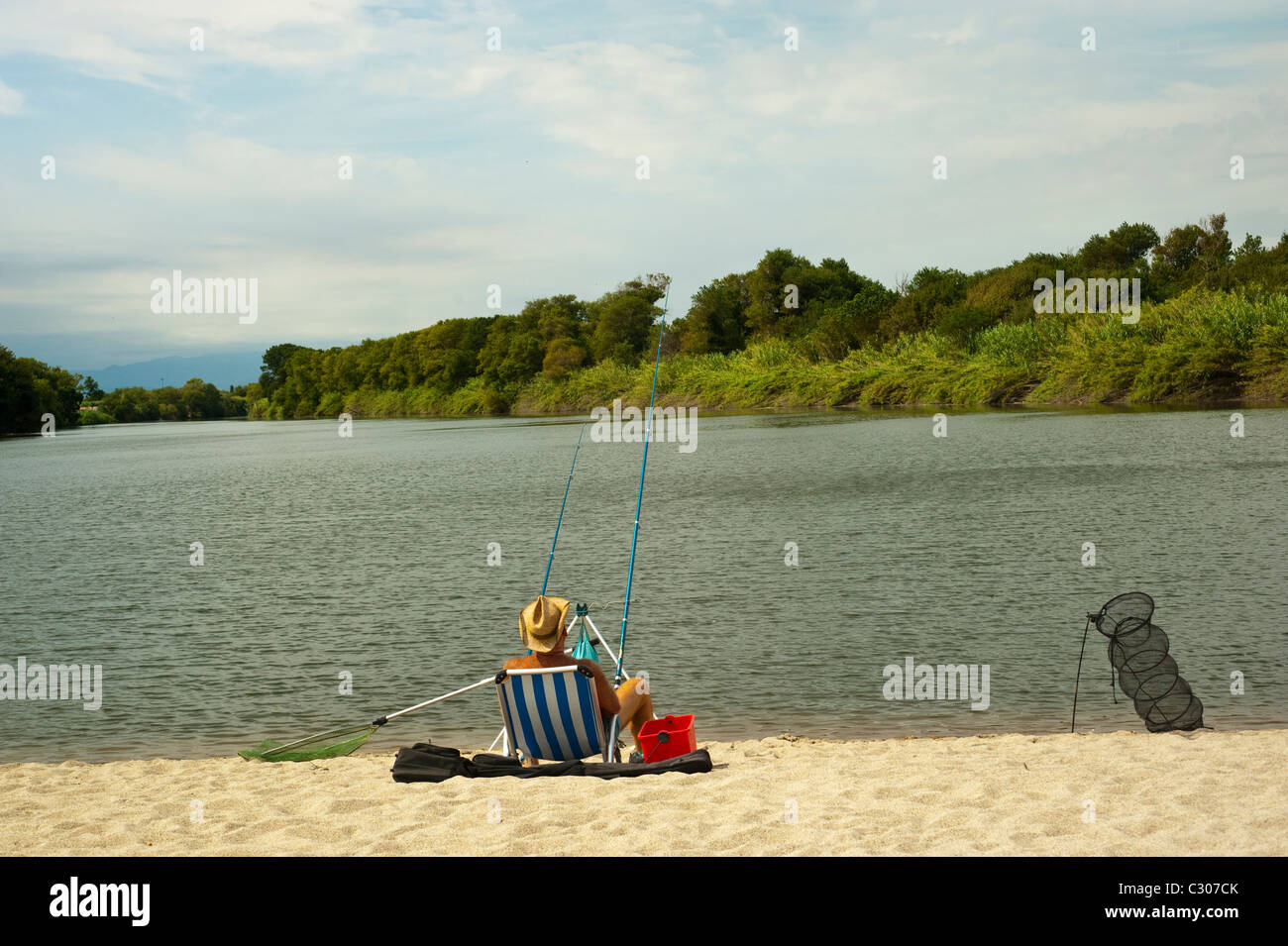 Canet-en-Roussillon, France, Senior Man Relaxing and Fishing on