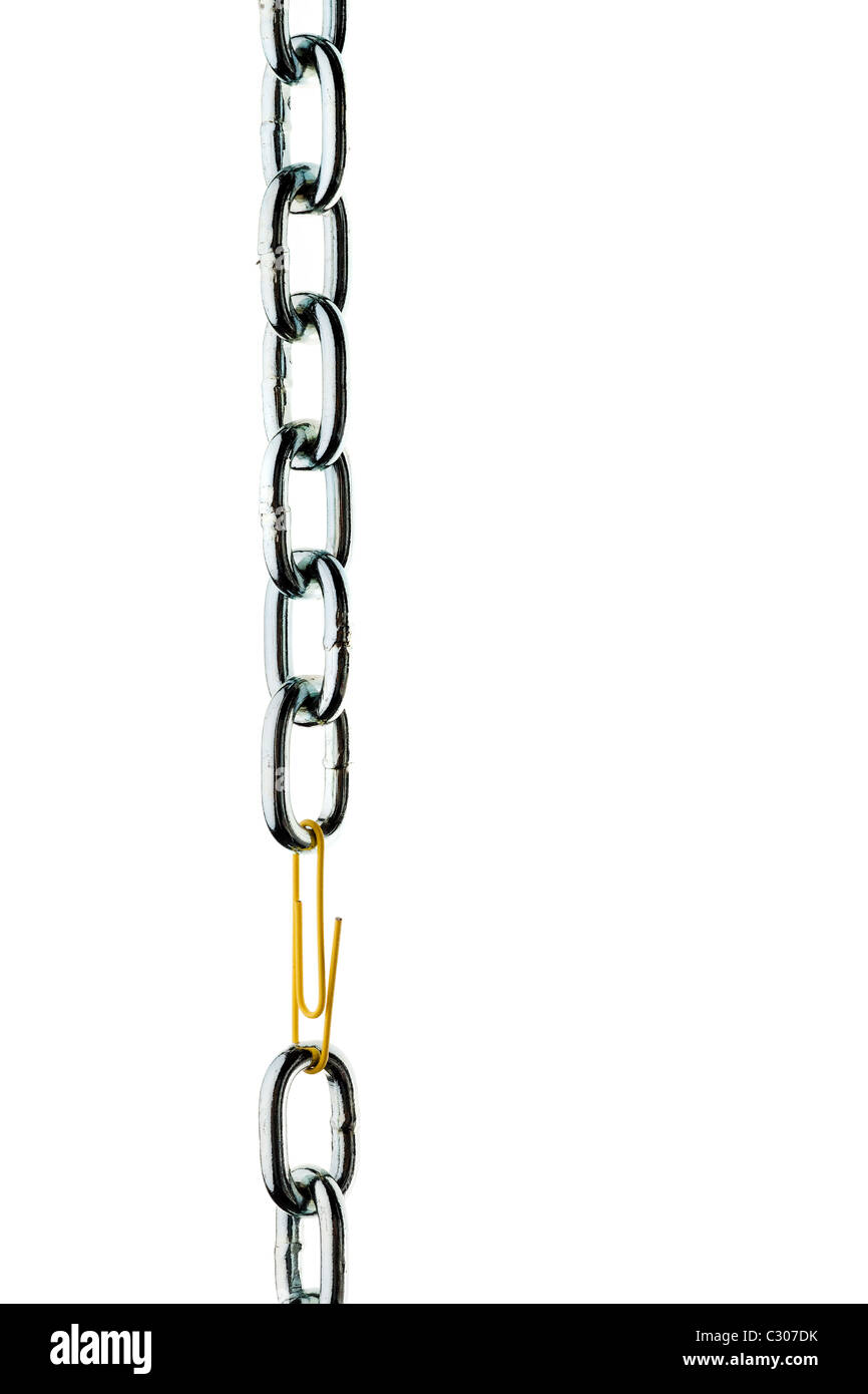 Steel chain is held together by a paperclip Stock Photo