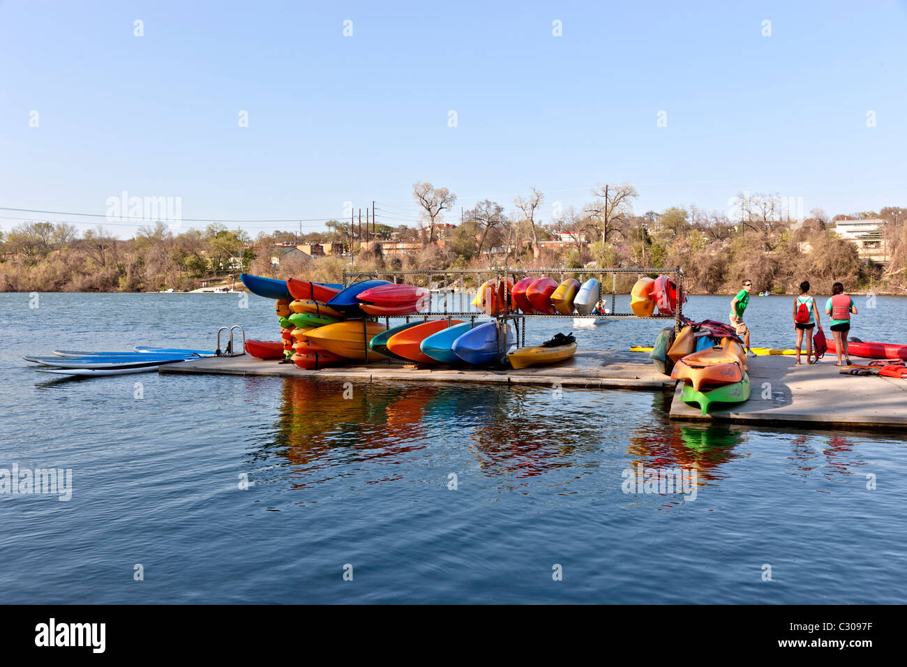 Kayak, paddleboard rental, teens,  Lady Bird Lake, Colorado River. Stock Photo