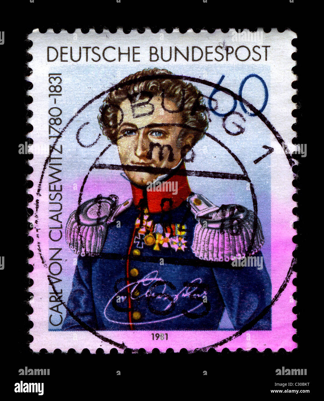 GERMANY-CIRCA 1981:A stamp printed in GERMANY shows image of the Carl Philipp Gottfried von Clausewitz (June 1, 1780 - November 16, 1831) was a Prussian soldier and German military theorist who stressed the moral and political aspects of war, circa 1981. Stock Photo
