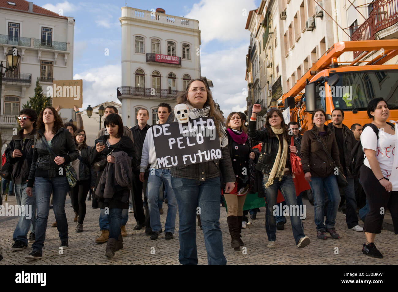 Anti-bank, pro-jobs protest in Coimbra, Portugal Stock Photo