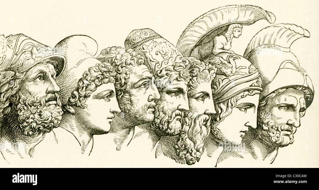 Trojan War heroes: Menelaus, Paris, Diomedes, Odysseus, Nestor, Achilles, Agamemnon Stock Photo