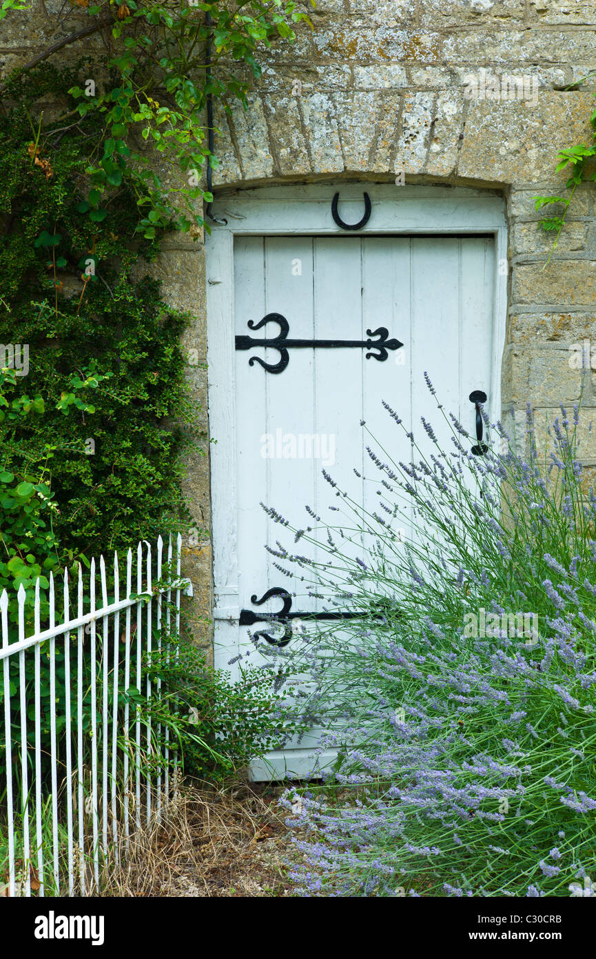 Lavender bush and traditional cottage entrance in the Cotswolds village of Bledington, Oxfordshire, UK Stock Photo