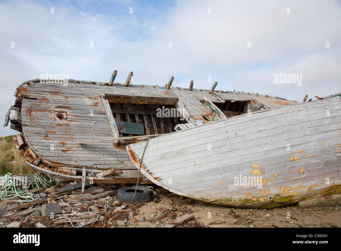 Beached wooden boats at Port Stanley, East Falklands Stock Photo