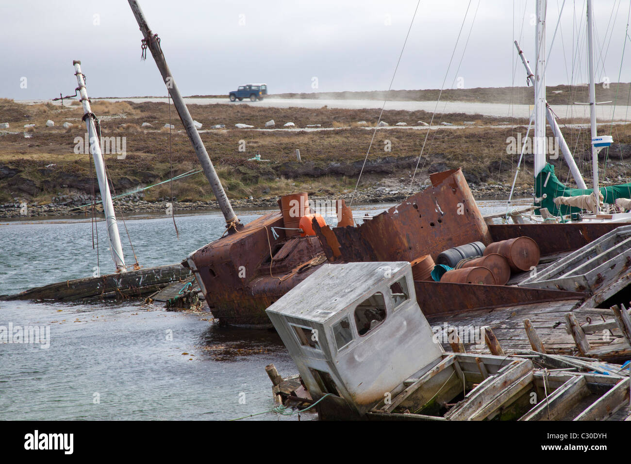 Listing shipwrecks in Port Stanley, East Falklands Stock Photo