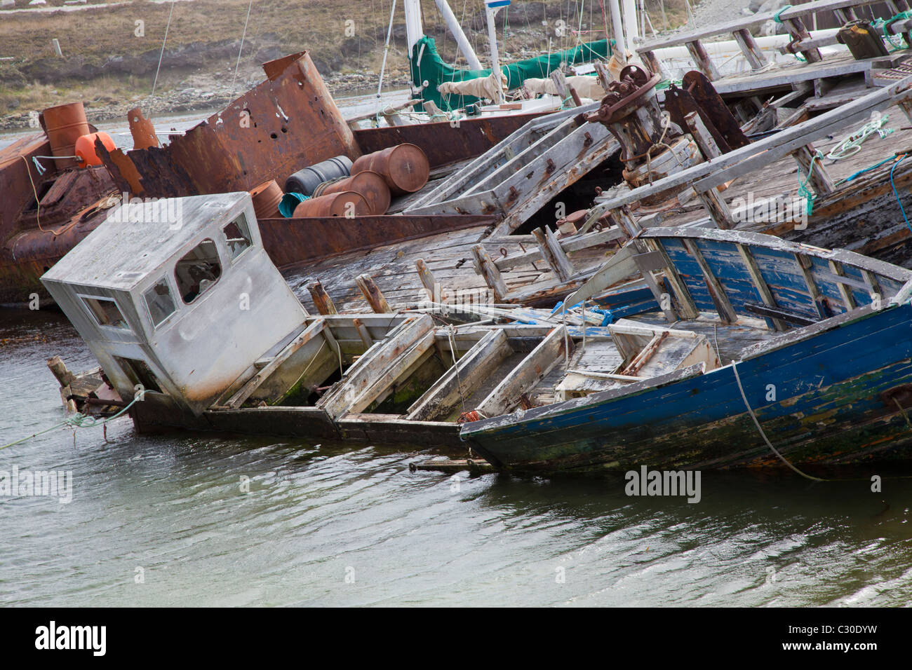 Two wooden shipwrecks at Port Stanley, East Falklands Stock Photo