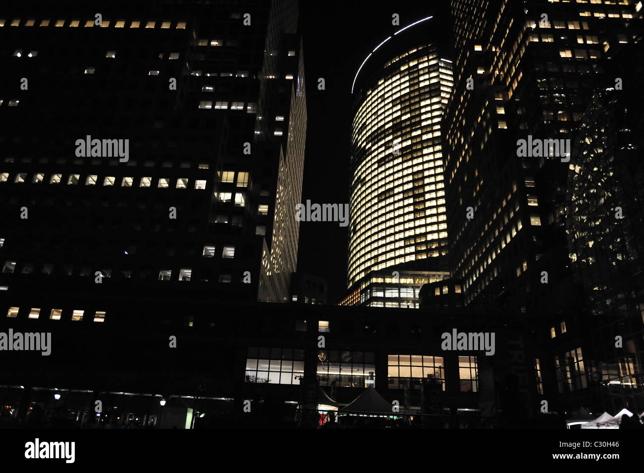 Goldman Sachs headquarters and the World Financial Center in Battery Park City at night. Stock Photo