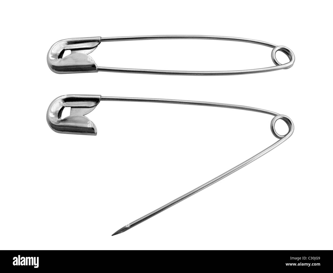 two safety pins isolated on white background Stock Photo