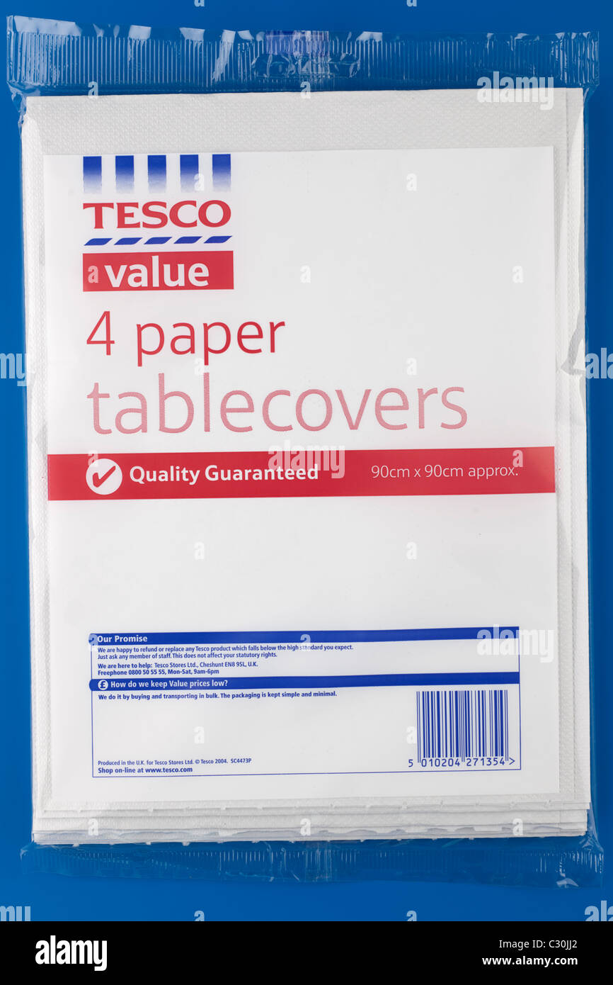 Four cellophane wrapped 90 cm by 90cm square Tesco value paper tablecovers  Stock Photo - Alamy