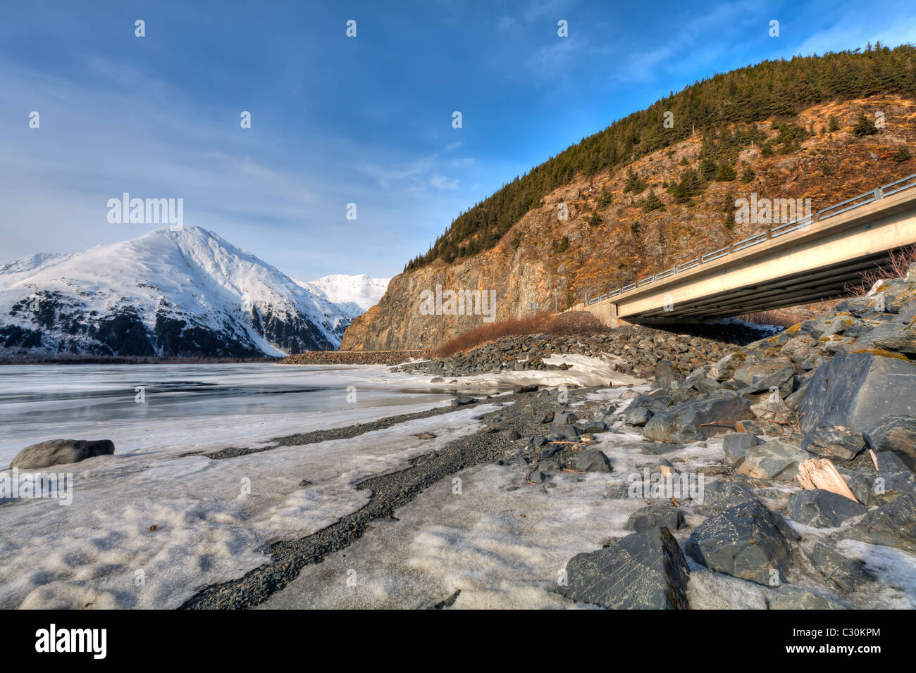 Portage Lake and Portage Glacier Road Bridge over Placer Creek Alaska