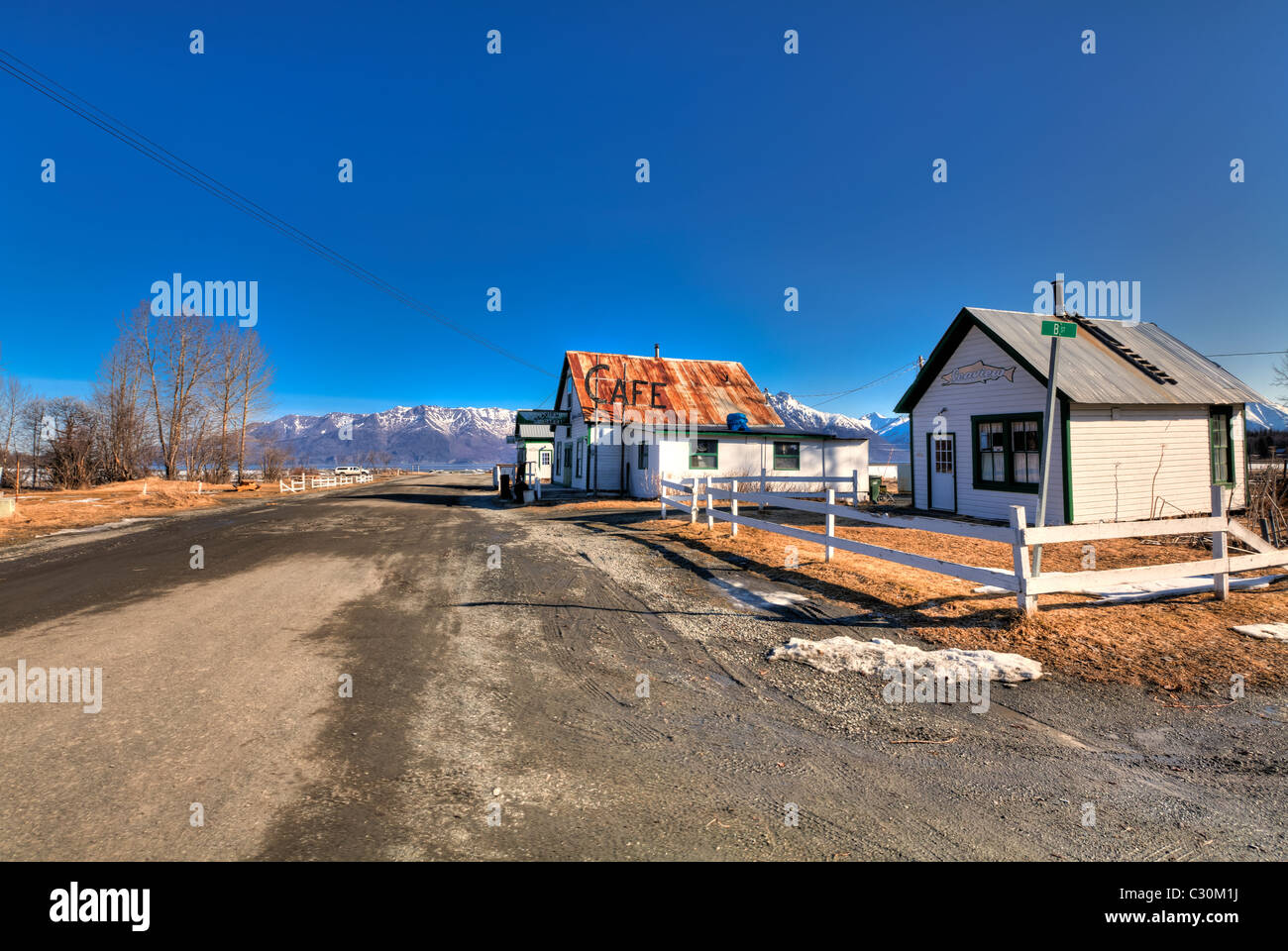 Street view of Downtown Hope along Turnagain Arm, Kenai Peninsula, Southcentral Alaska, Spring, HDR Stock Photo