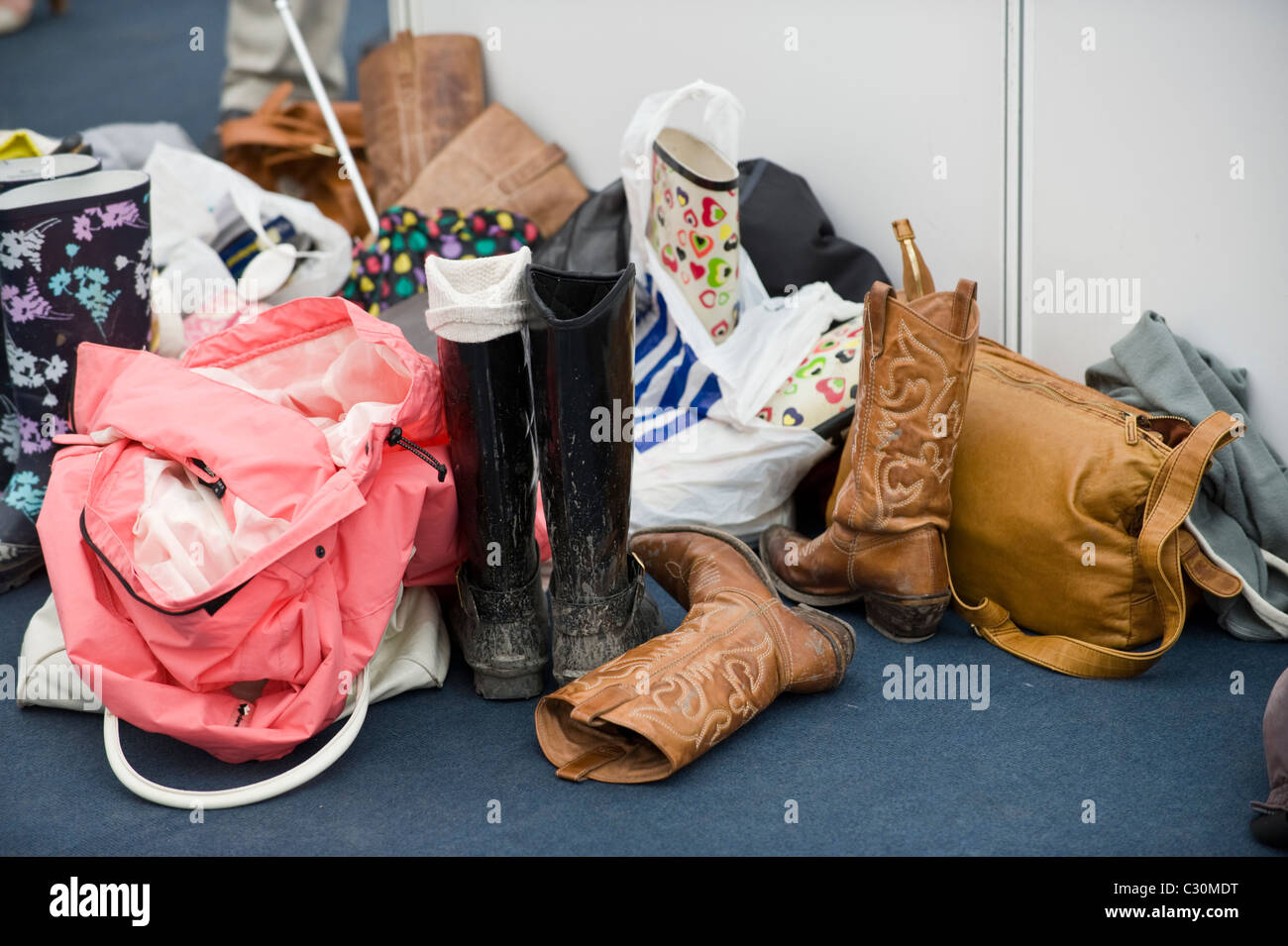 Pile of clothes and boots backstage at National Eisteddfod 2010 Ebbw