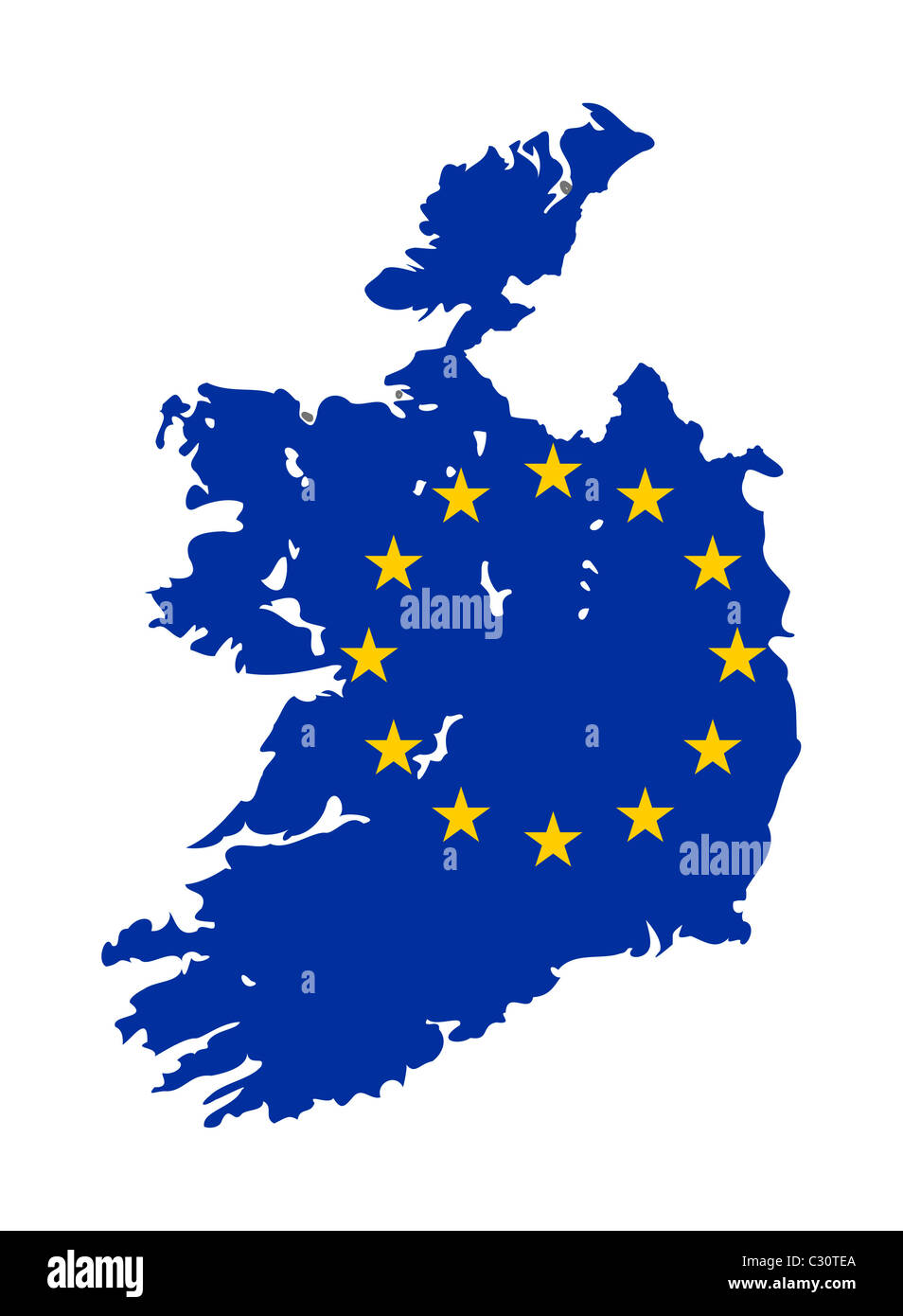 European flag on mag of Ireland; isolated on white background. Stock Photo