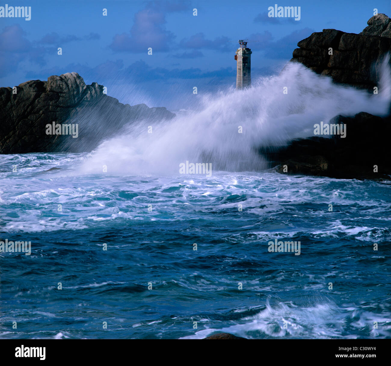Nividic Lighthouse on the Ile d'Ouessant coast, Finistere, Brittany, France Stock Photo