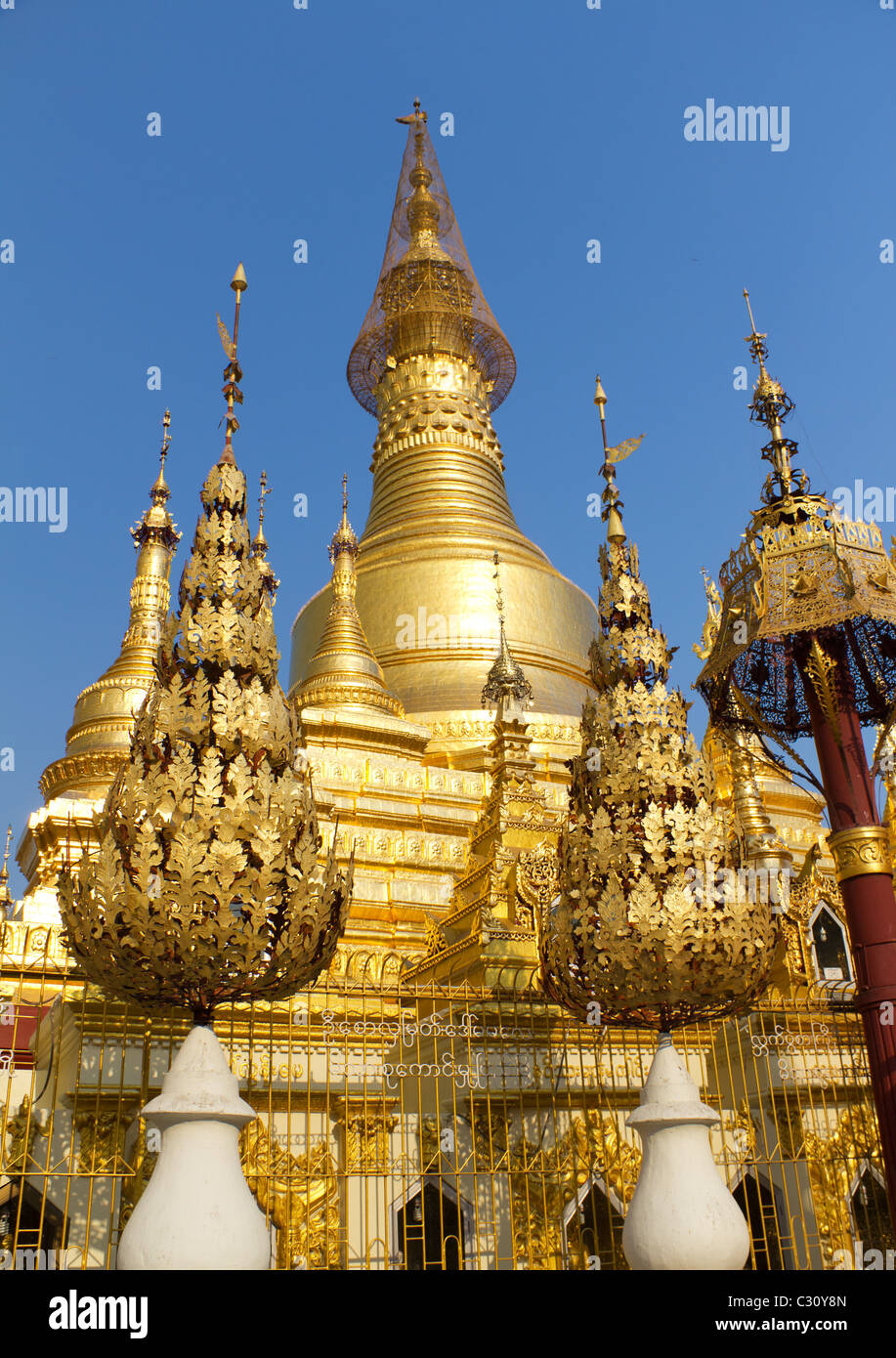 Golden Structures at the Buddhist Burmese Temple of Shwesandaw Paya in Pyay, Myanmar Stock Photo