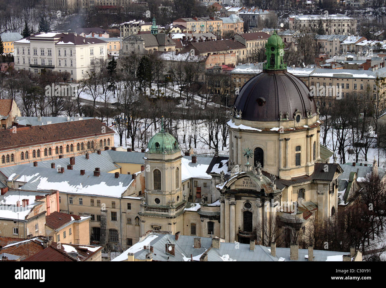 Lviv at winter, view on Dominican Church Stock Photo