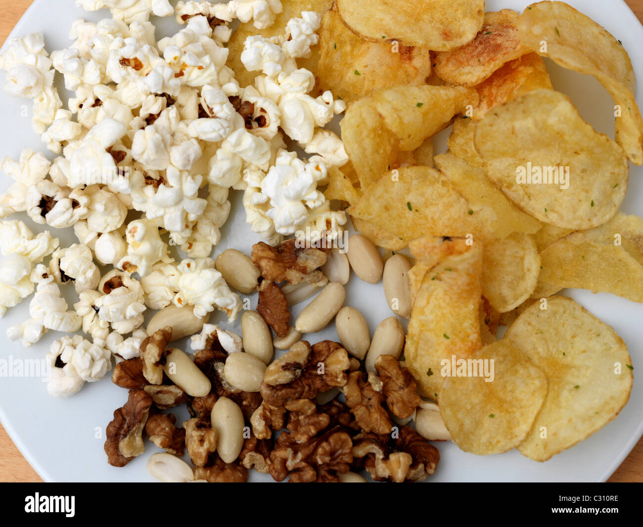Crisps, Popcorn And Nuts On A Plate Stock Photo Alamy