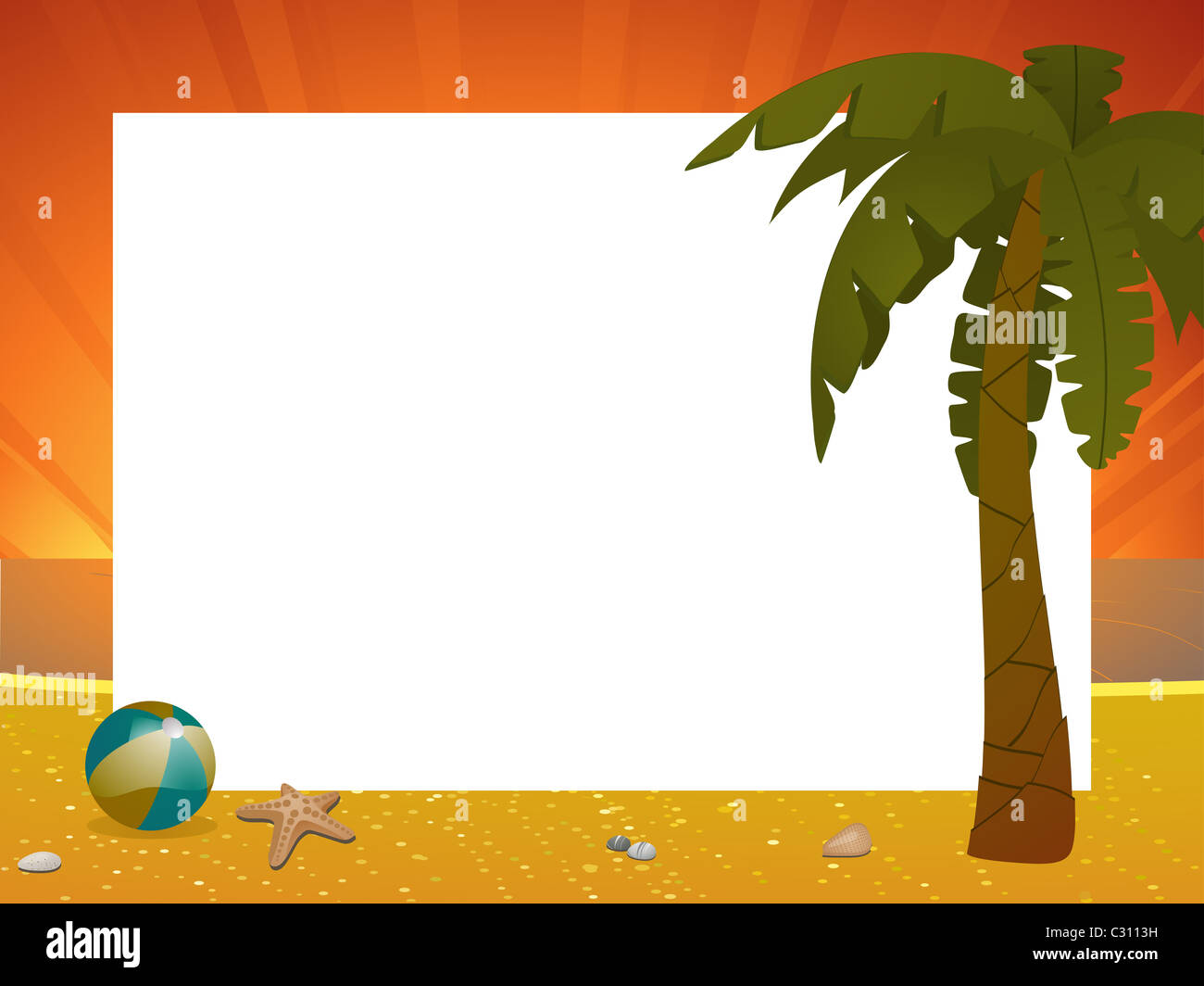 Border with palm tree, beach and beach ball Stock Photo - Alamy