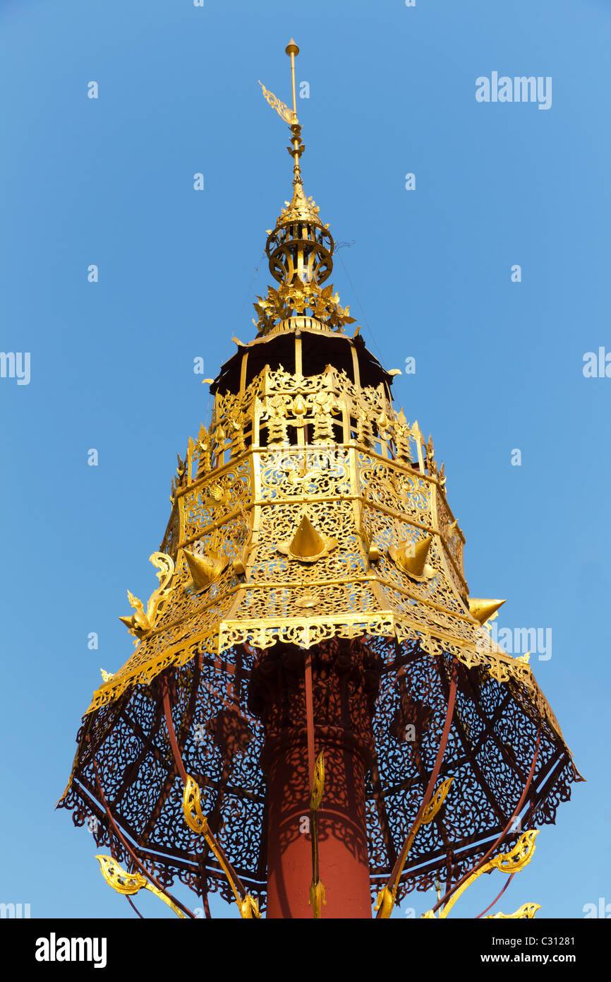Golden Hti at the Burmese Buddhist Temple of Shwesandaw Paya in Pyay or Prome, Myanmar Stock Photo