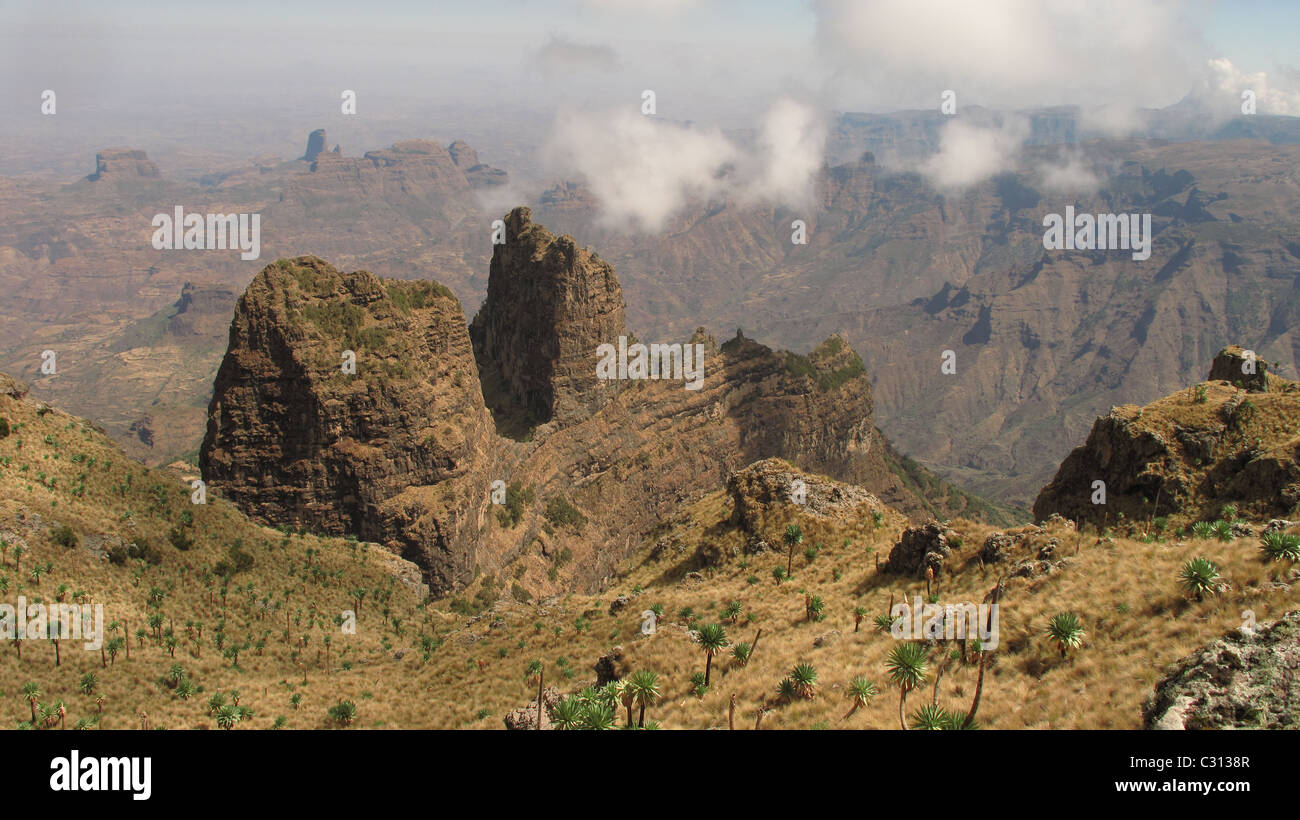 Simien Mountains, Northern Ethiopia: Buttes and mesas rise out of the lowland plains, seen from Imet Gogo. Stock Photo