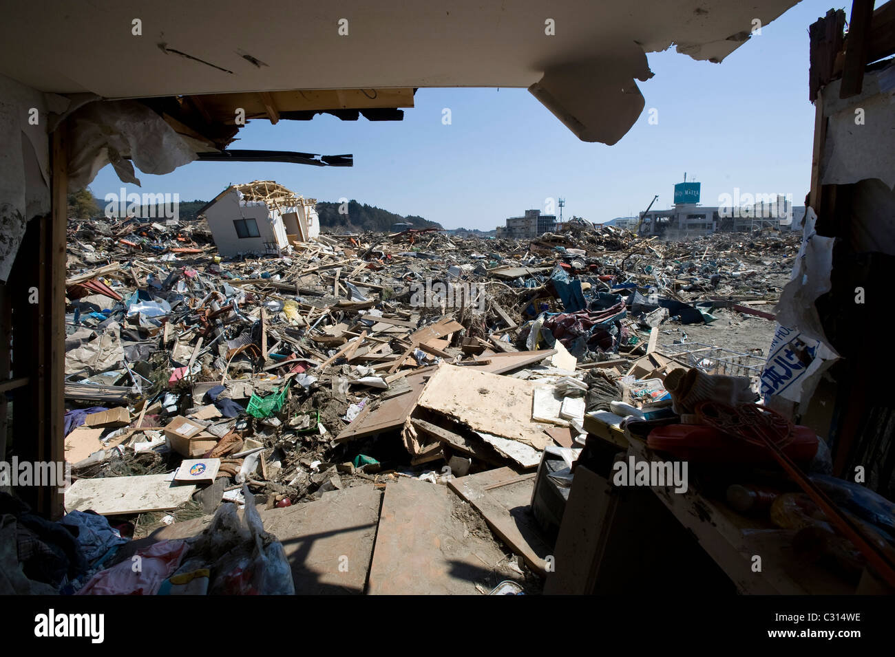 Photo shows the view from the home of retired electrician Katsunori Sasaki in the tsunami-wrecked city of Rikuzentakata, Japan Stock Photo