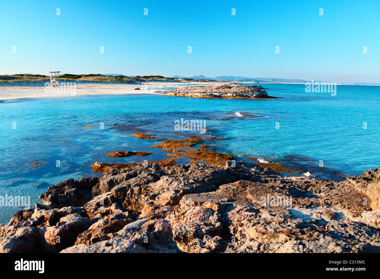 A paradisiac beach in the area of Illetas in Formentera, a mediterranean island of Spain. Stock Photo