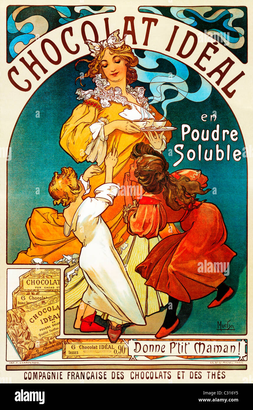 Mucha, Chocolat Ideal, 1897 Art Nouveau poster by Alphonse Mucha for the French hot chocolate drink Stock Photo