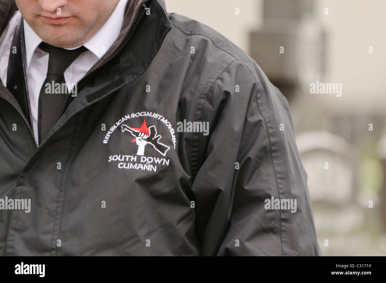 Insignia on a jacket 'Republican Socialist Movement, South Down Cumann' with a clenched Armalite Stock Photo